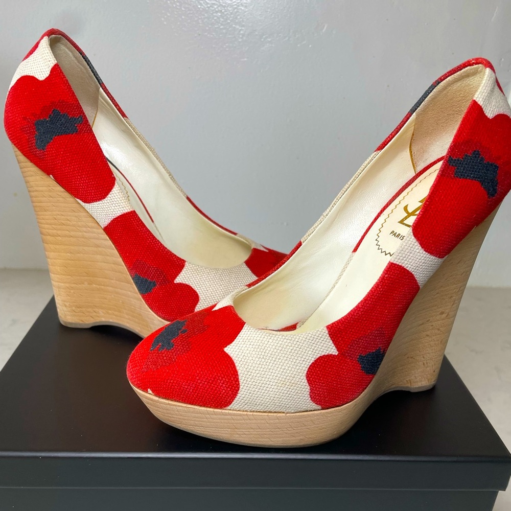 YSL Yves Saint Laurent floral poppy WEDGES platforms shoes - runway